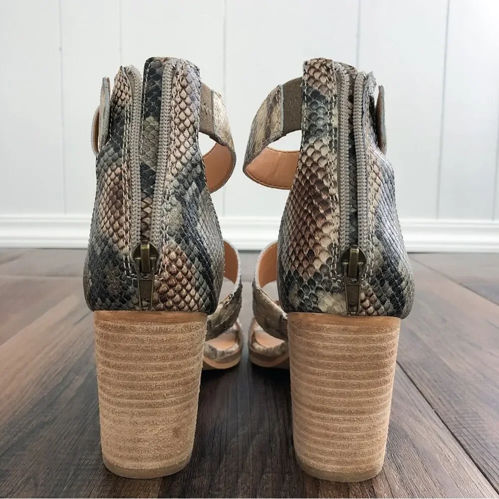 Frye & Co Ankle Strap Leather Sandal Block Heel Snakeskin Size 8.5 Gray Brown
